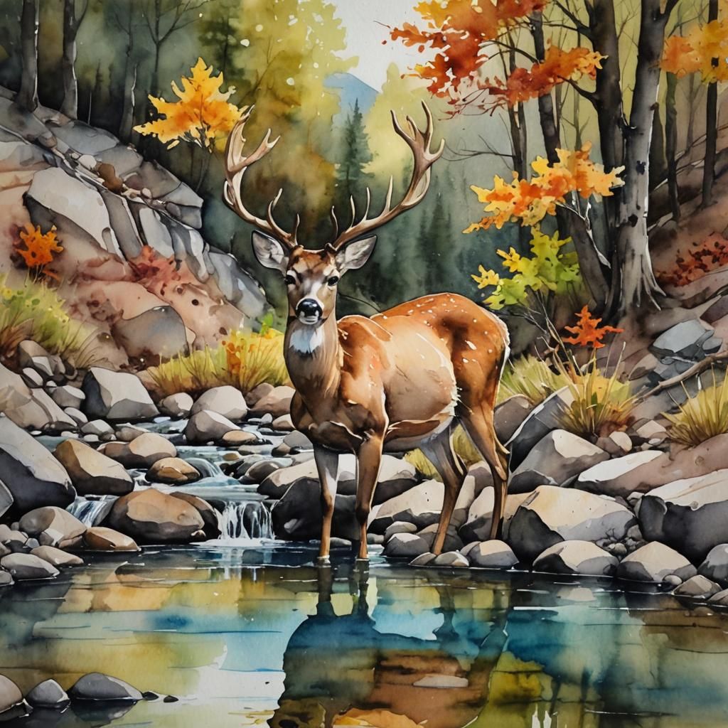 Watercolor Deer Drinking in Autumn Mountain Creek