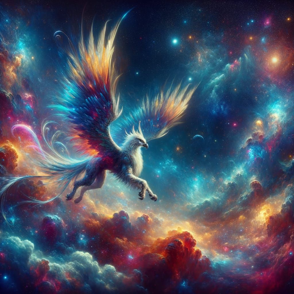 Griffin Soaring Through Nebula as Fantasy Art