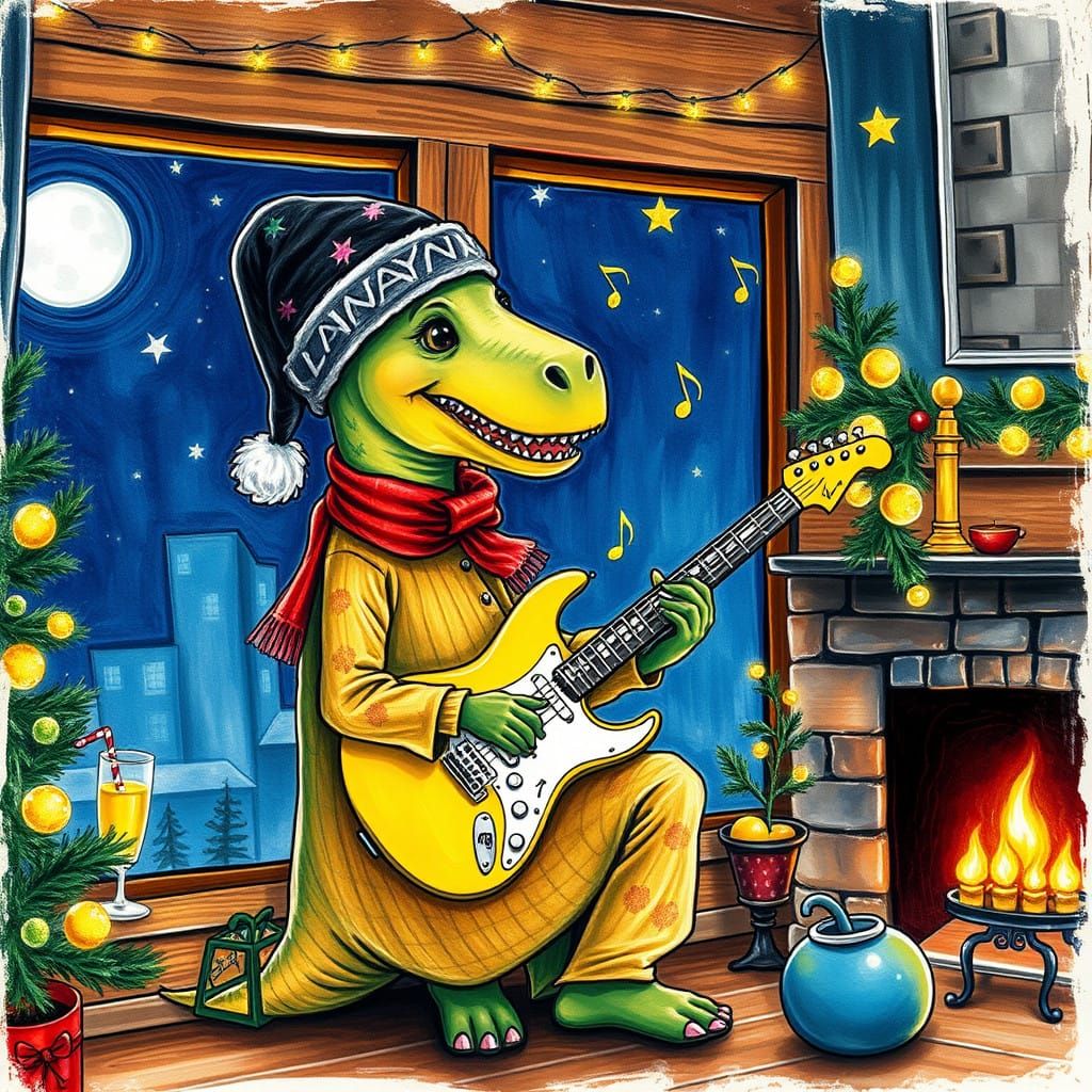 Goth Dinosaur Girl Plays Guitar by Holiday Tree in Cozy Home
