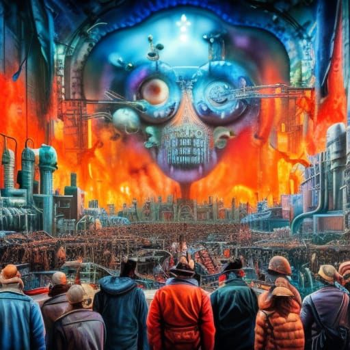 Biopunk Crowd Watches World Burn: Comic Book Style