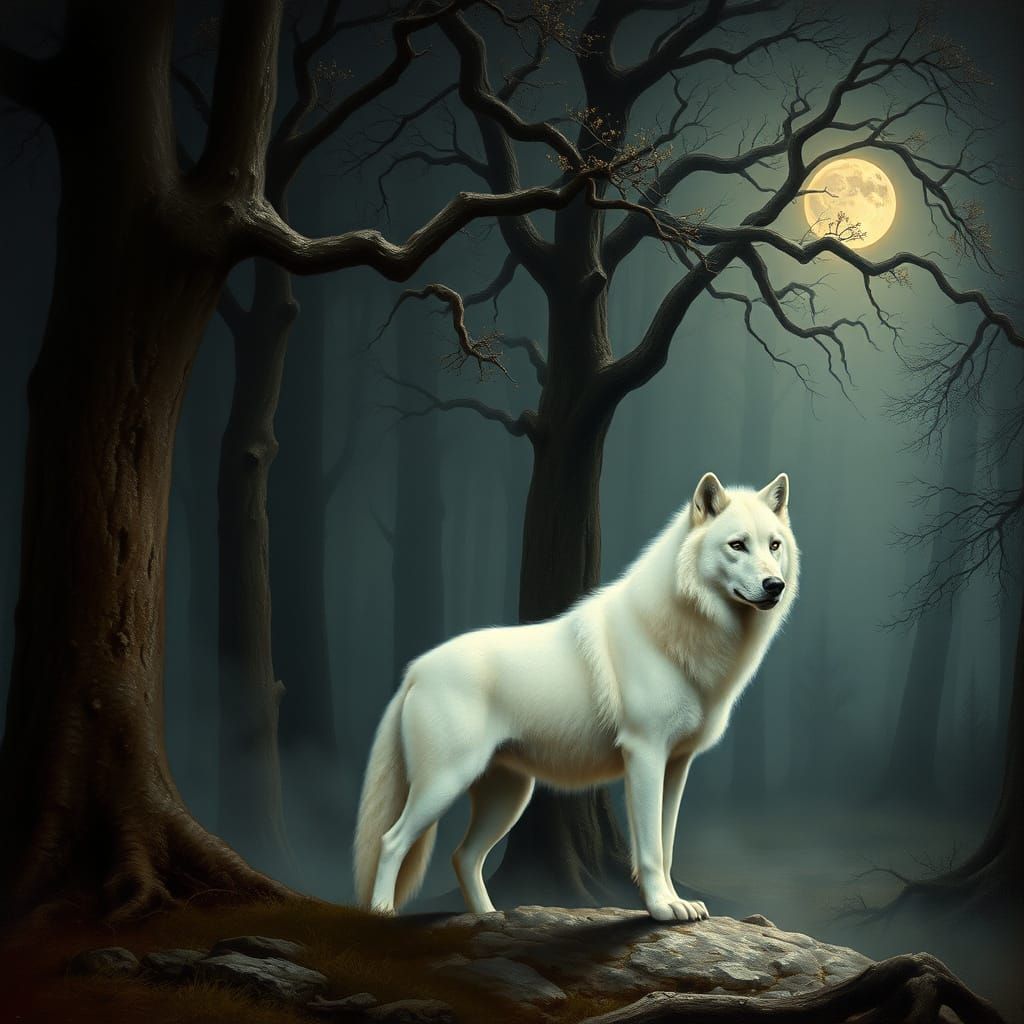 Moonlit White Wolf in a Dreamy Forest