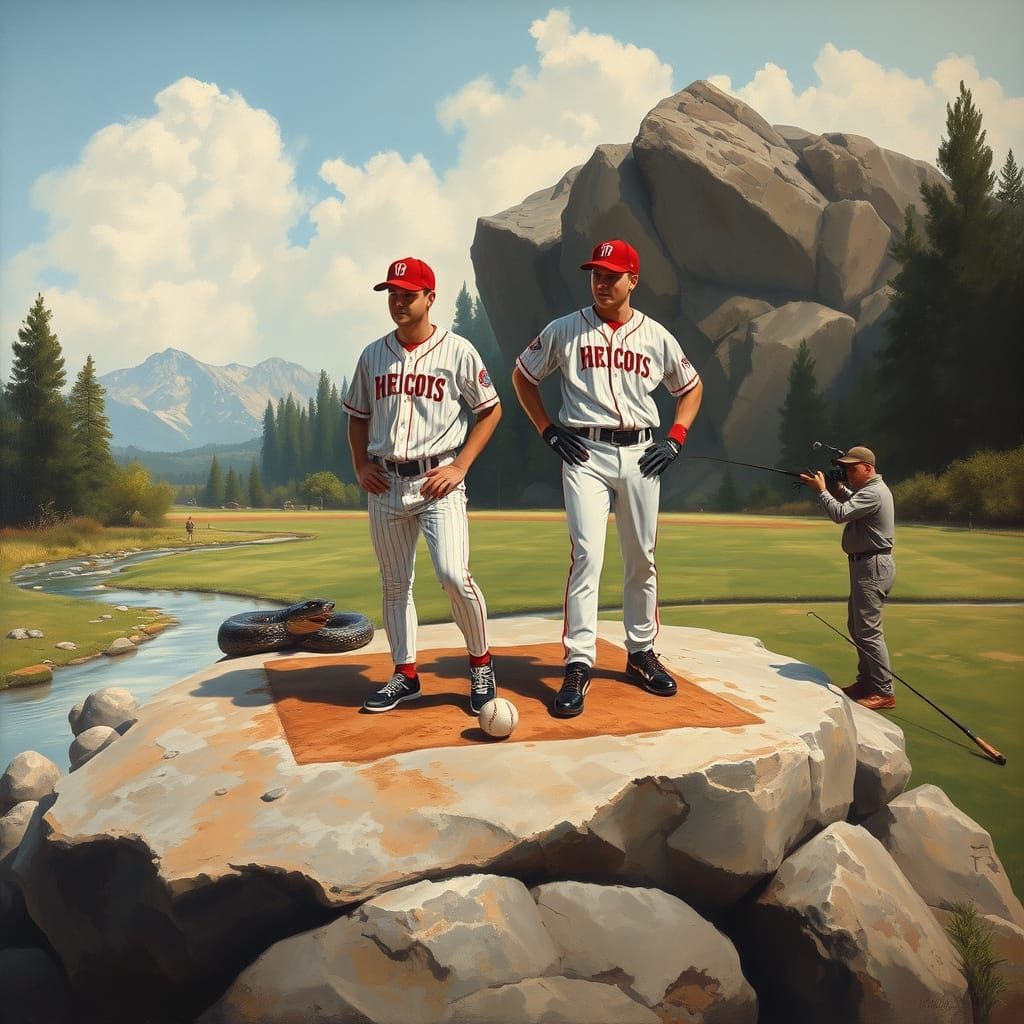 A oil painting with two baseball players, and they are weari...