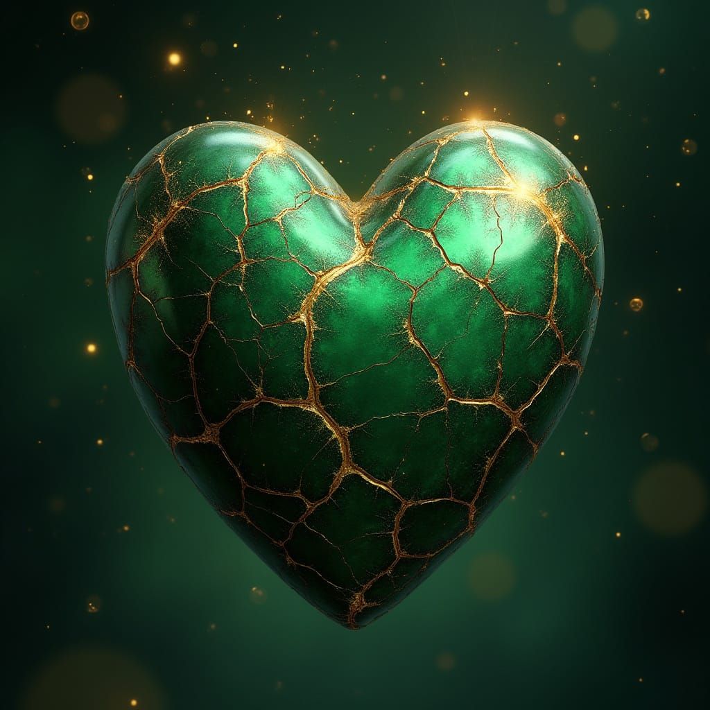 Emerald Green Heart in Gold Kintsugi Style