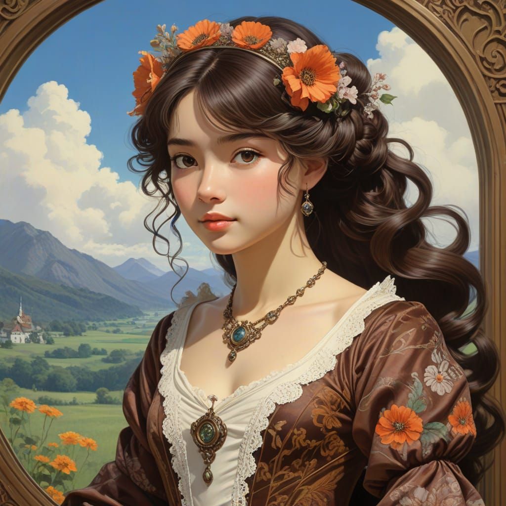 Elegant Lady in Art Nouveau Gown with Floral Hair