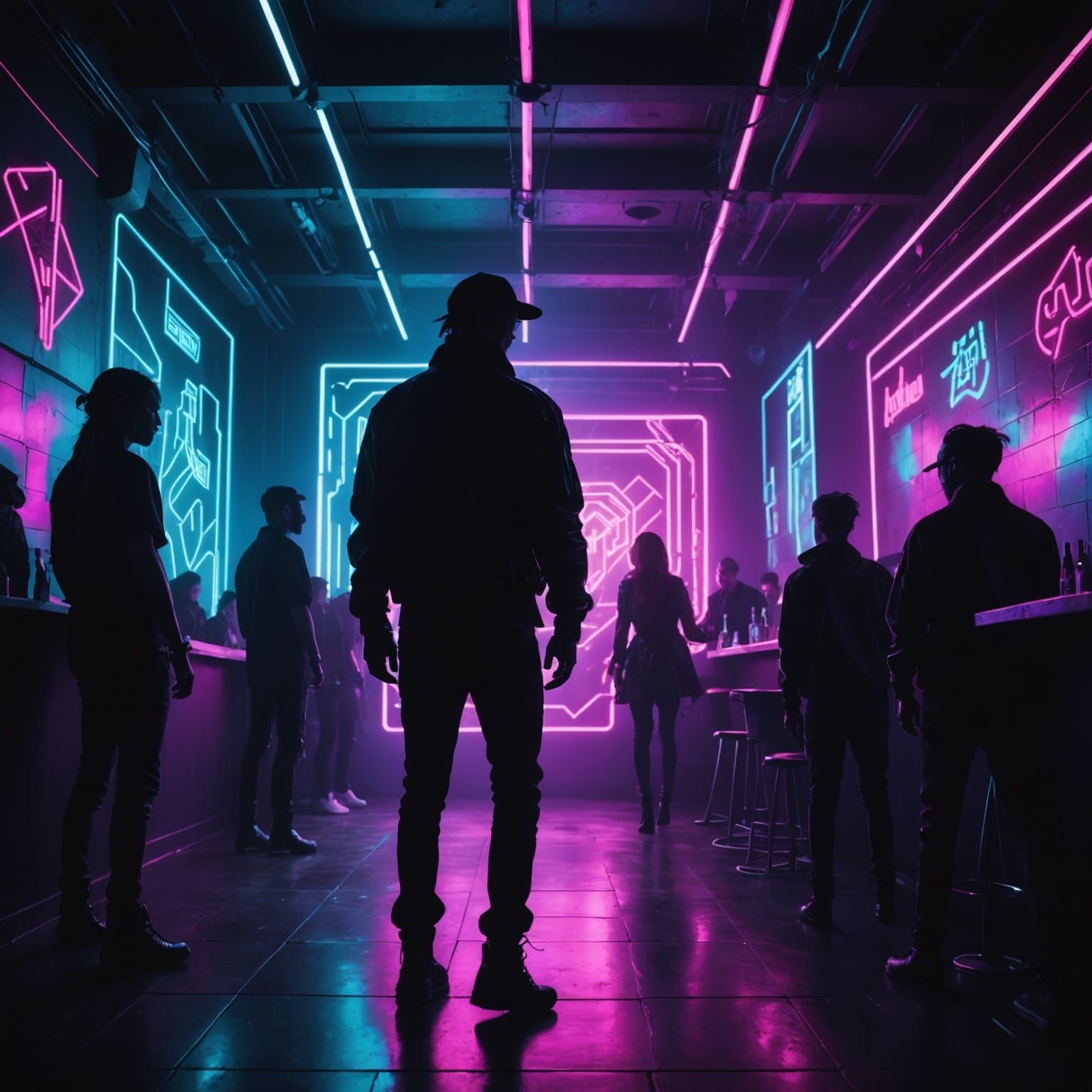 Cyberpunk Nightclub: Neon Lights and Dancing Silhouette