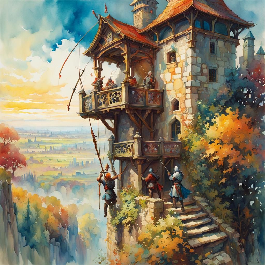 Medieval Archer in Tower, Watercolour Fantasy Art