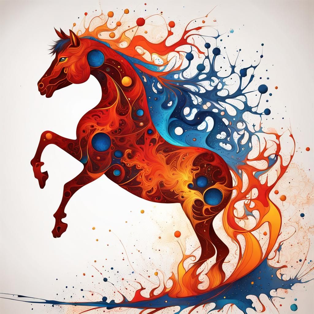 Neo-Primitivism Fire Horse with Ink Splatter Art