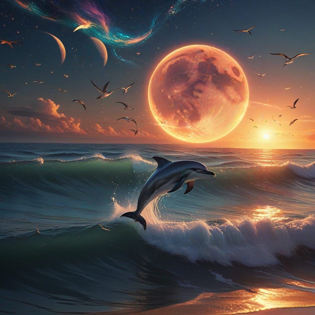 Shining Dolphin Leaps in Ocean Wave: Digital Art