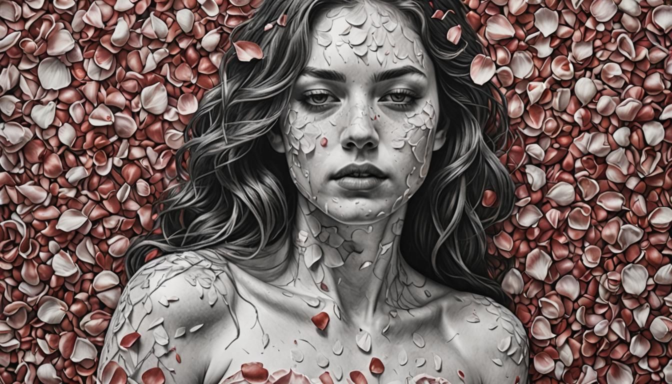 Detailed Pencil Drawing: Woman Covered in Rose Petals