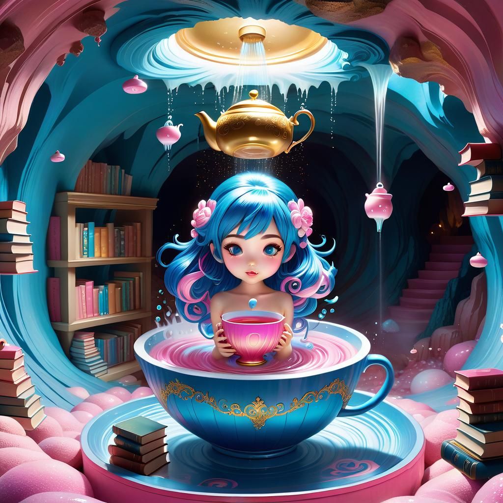 Chibi Girl's Teacup Bath in Secret Library