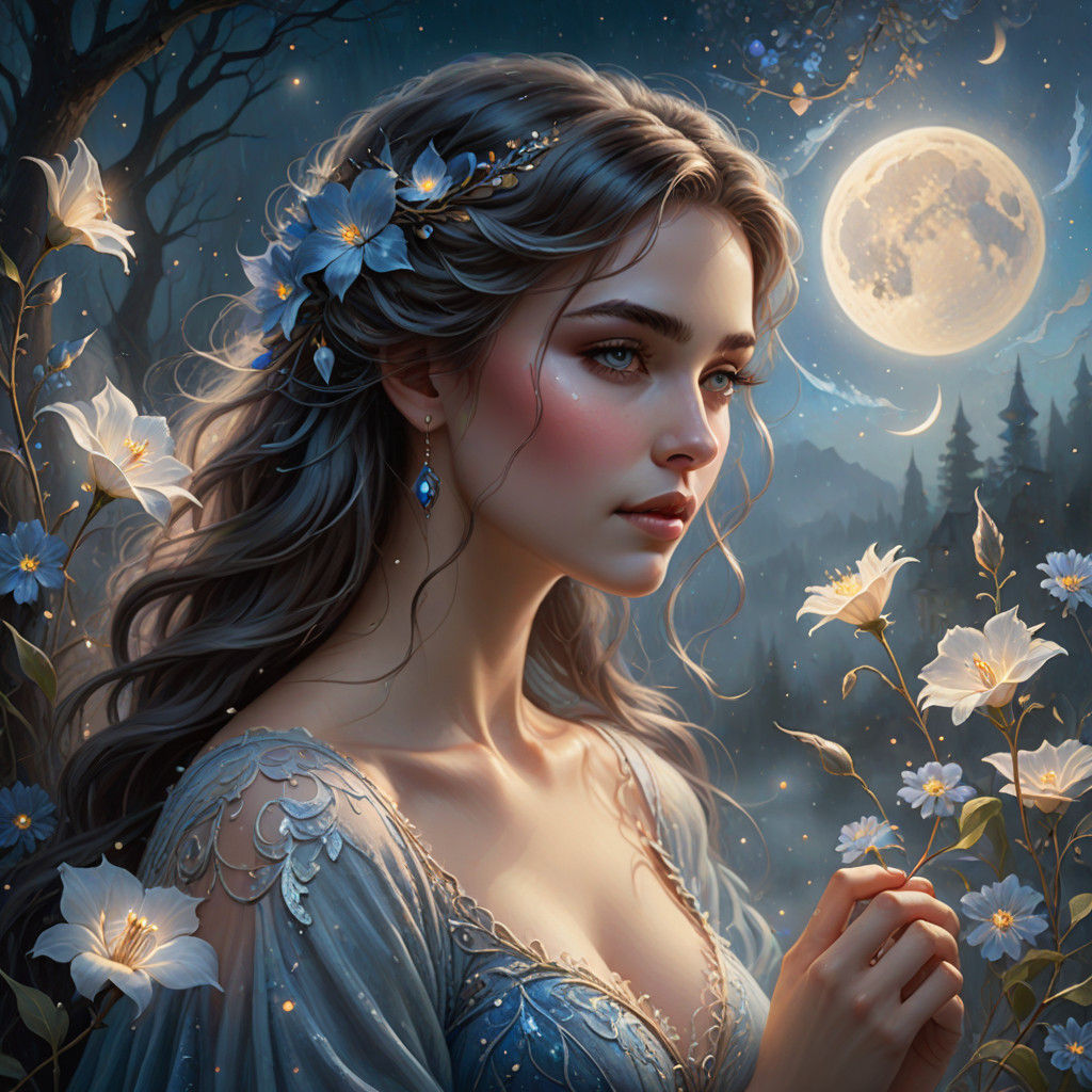 Dreamlike portrait. Medium shot. Ethereal beauty in a swirling silver mist with a crescent moon and blue silverbell flow...