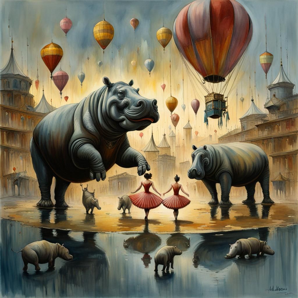 Surreal Circus with Ballerina and Hippos in Watercolor