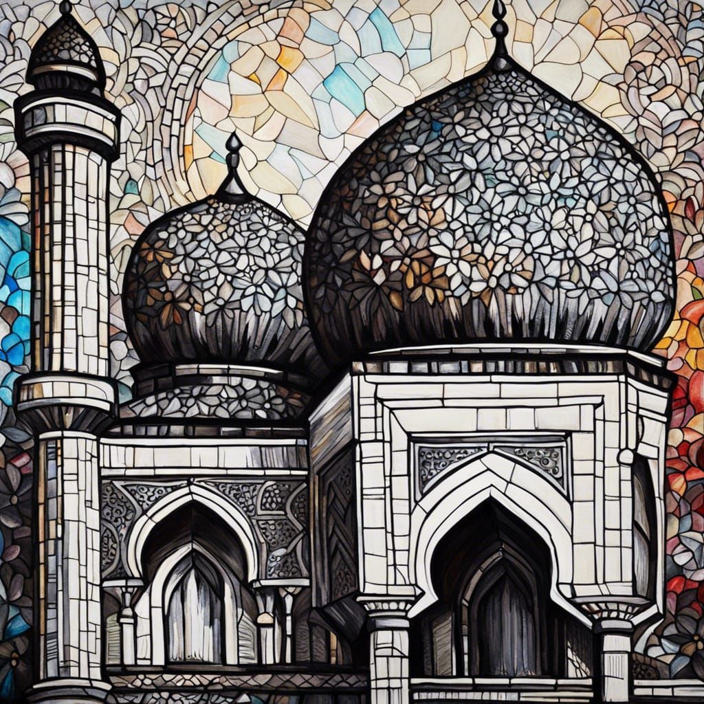 Extremely detailed black and white Ink drawing of a mosque w...