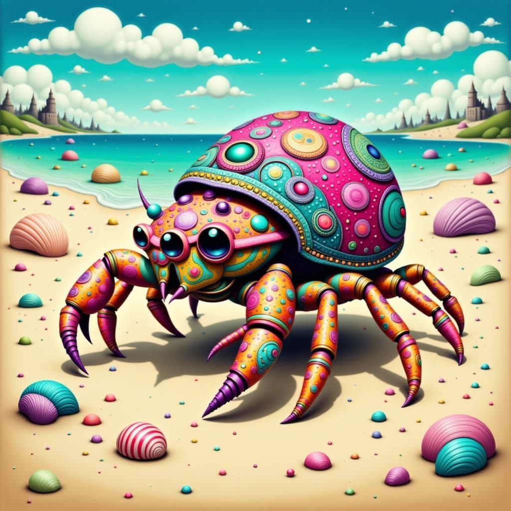 Psychedelic Hermit Crab on Sun-Kissed Beach