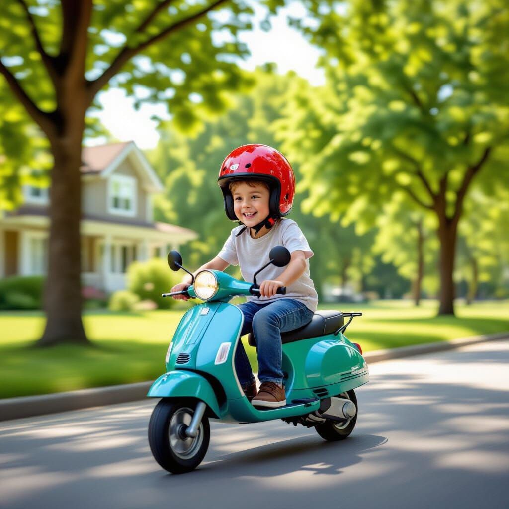 Joyful Boy Rides Scooter in Sunny Park