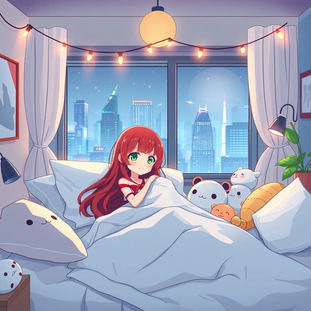 Anime Girl in Bed Overlooking Shibuya at Night