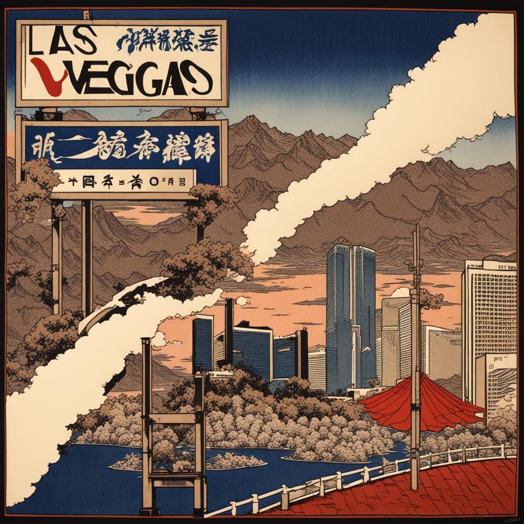 Las Vegas Sign in Hokusai Block Print Style