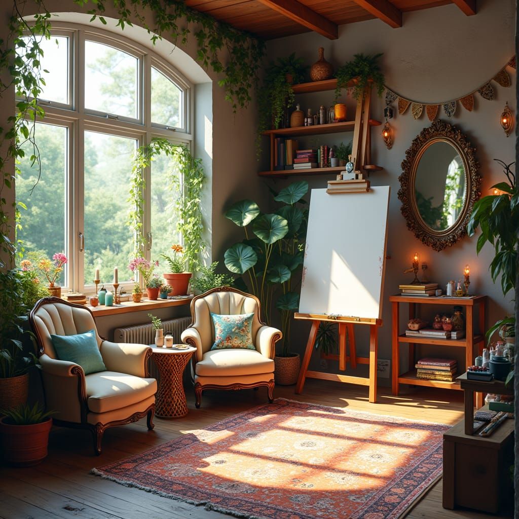 Cozy Art Studio with Meditation Corner, Matte Painting