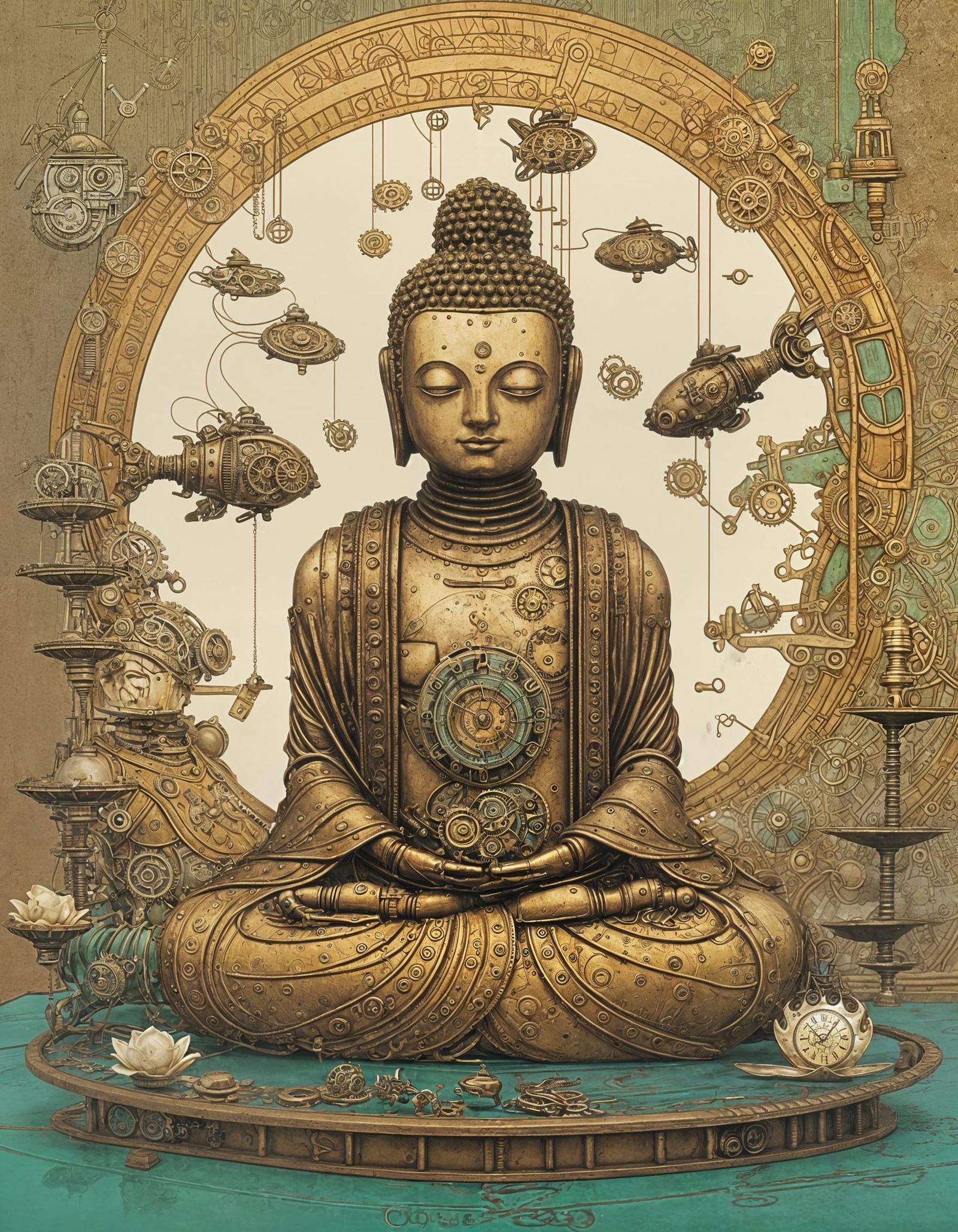 Steampunk Buddha Robot with Clockwork Details