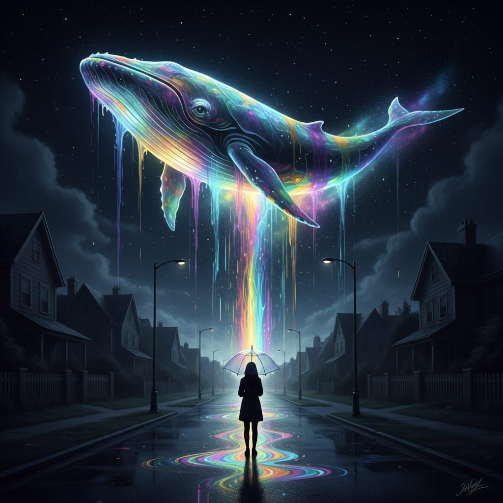 Ethereal Light Whale Over City Street in Surreal Style