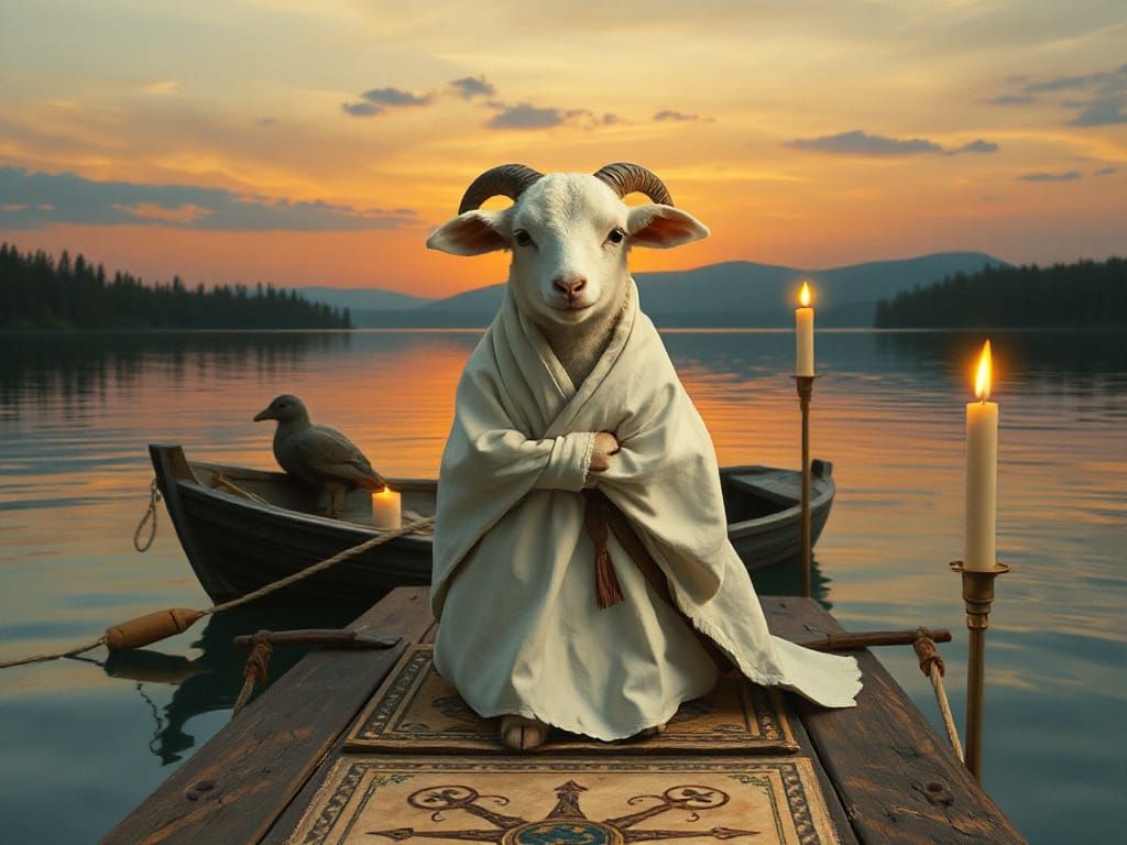 Mystical Lamb on Lake in Tarot Style