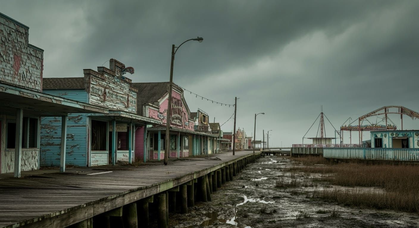 Abandoned Coastal Boardwalk Fair on Dark Swamp Border
