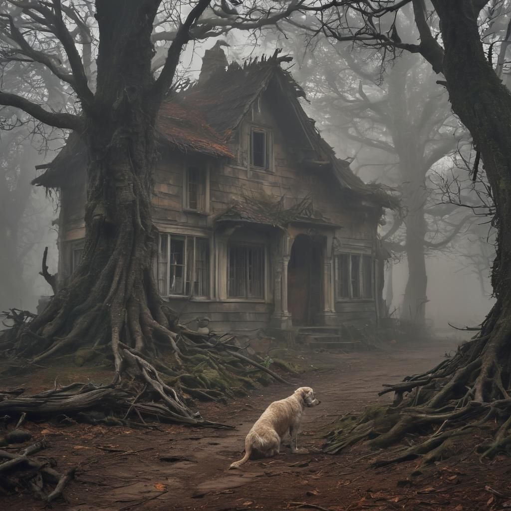 Eerie Horror: Man and Dog in Misty Forest