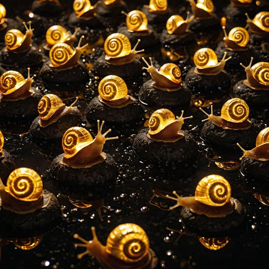 Glowing Golden Snails in Surreal Dreamscape