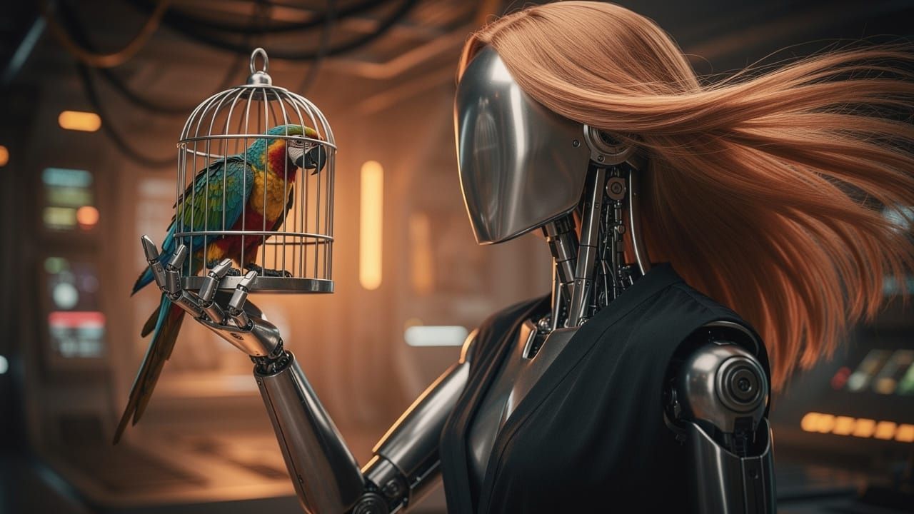 Silver Robot with Parrot Cage in Futuristic Setting