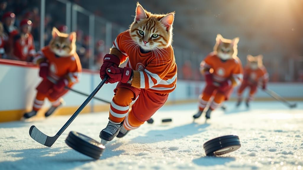 Feline Hockey Players Chase Raisin Puck