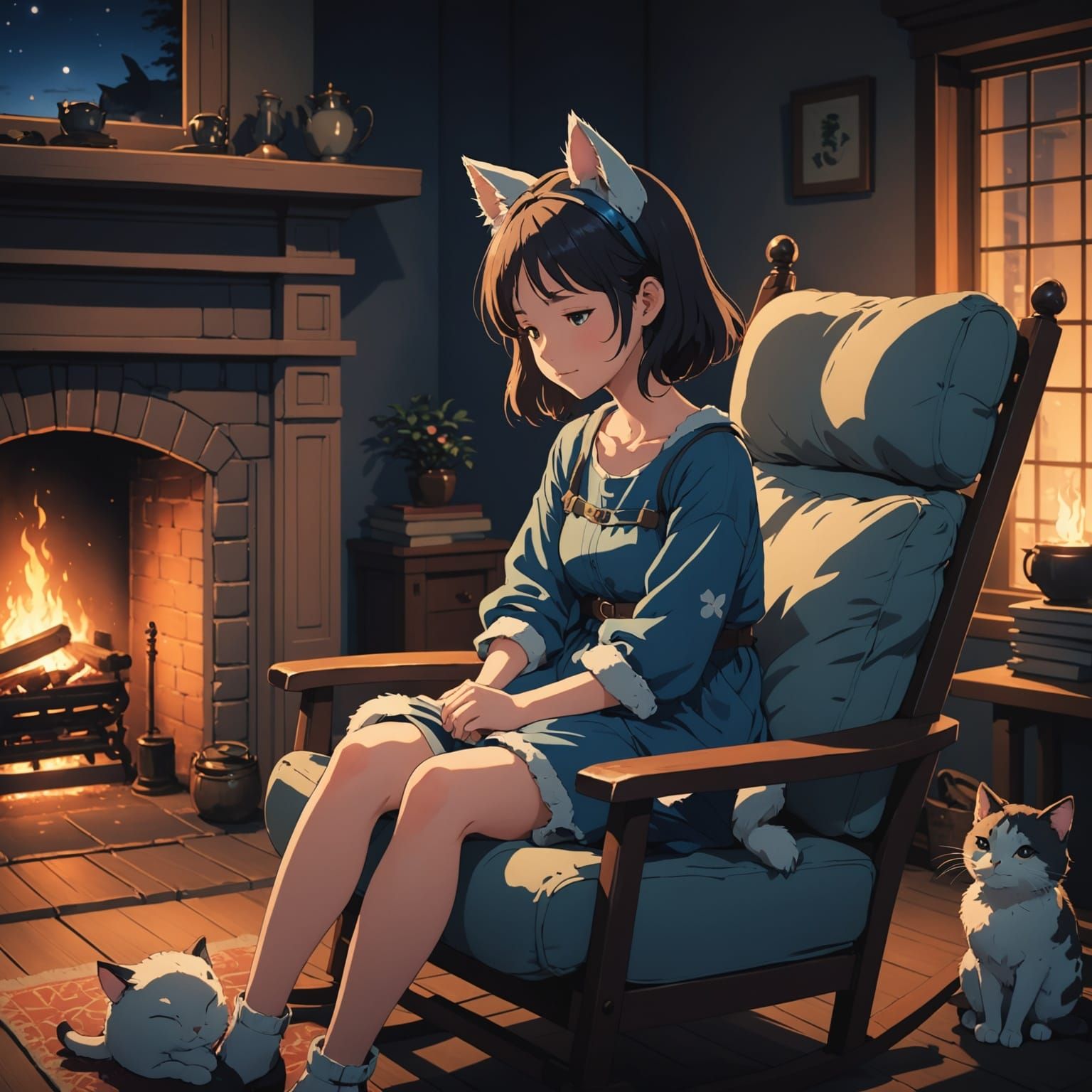 Whimsical Anime Girl Sleeps by the Cozy Fireplace