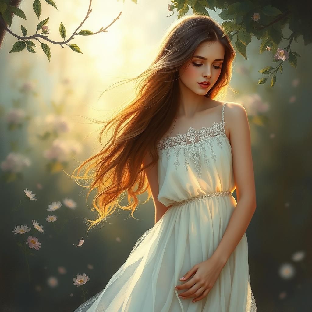 Ethereal Woman in Secret Garden: Impressionistic Art