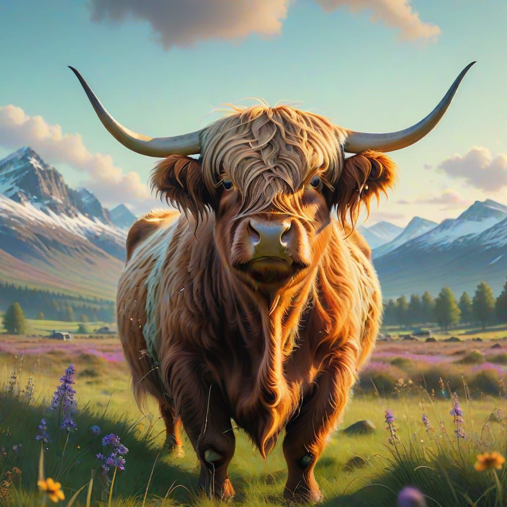 Regal Highland Cow in Emerald Green Grass Field