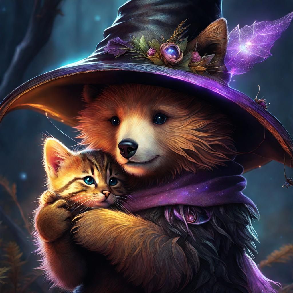 Adorable Witchy Bear Cub and Kitten Hugging