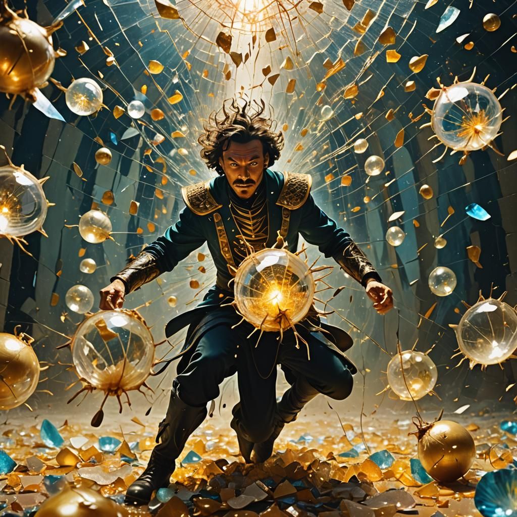 Mystical Warrior Shatters Glass Onions in Surreal Realm