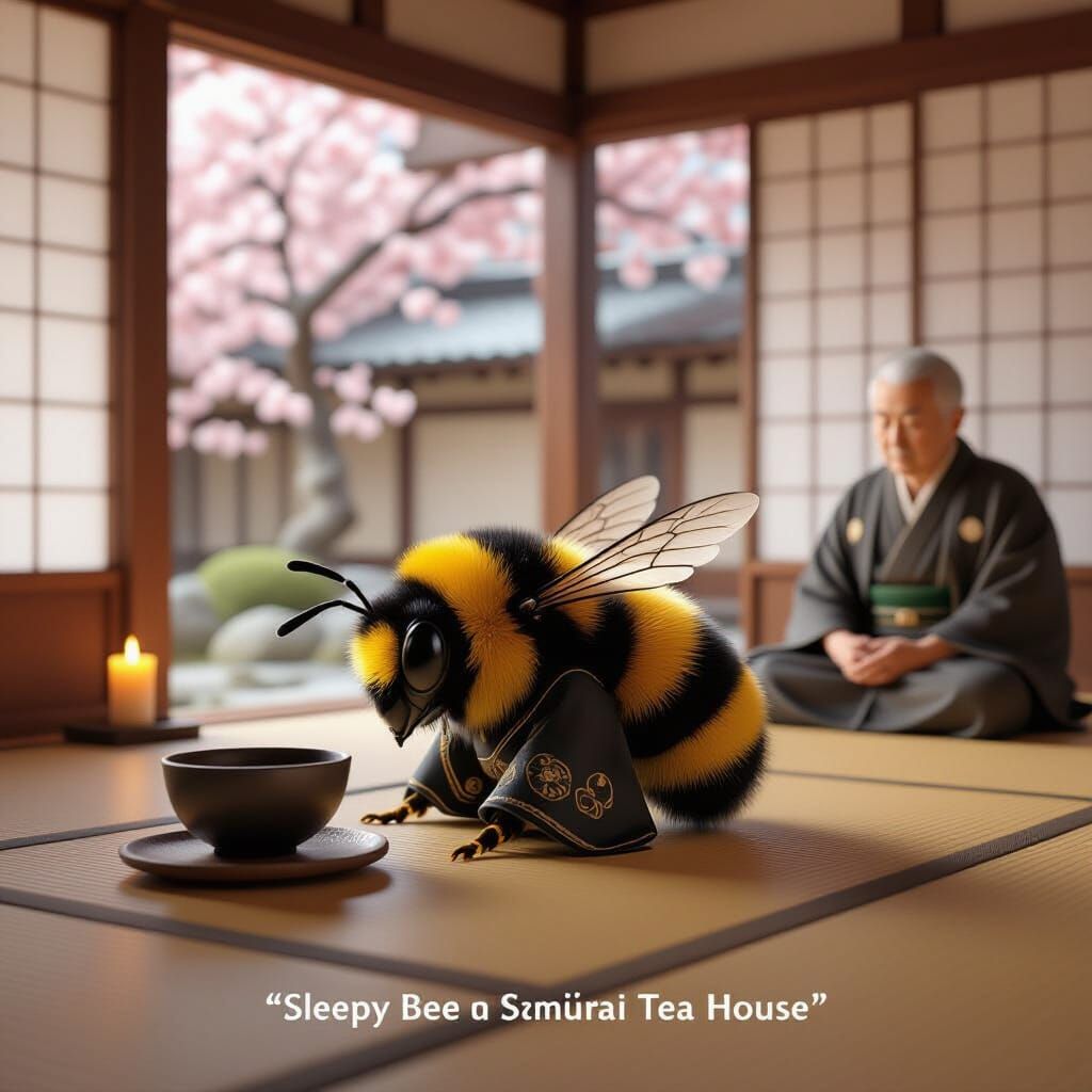 Sleepy Samurai Bee in Japanese Tea House