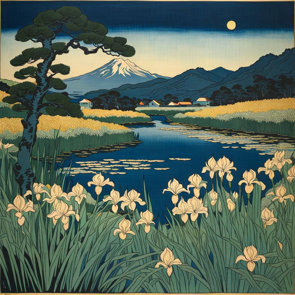 Irises in Ukiyo-e Style, Van Gogh Inspired