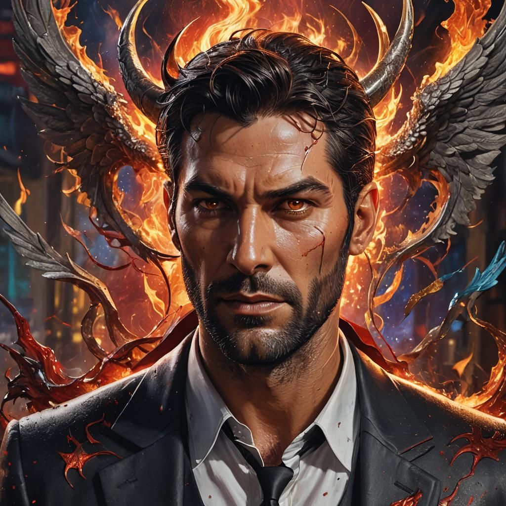 Hyperrealistic Lucifer Morningstar Portrait in Splash Art St...