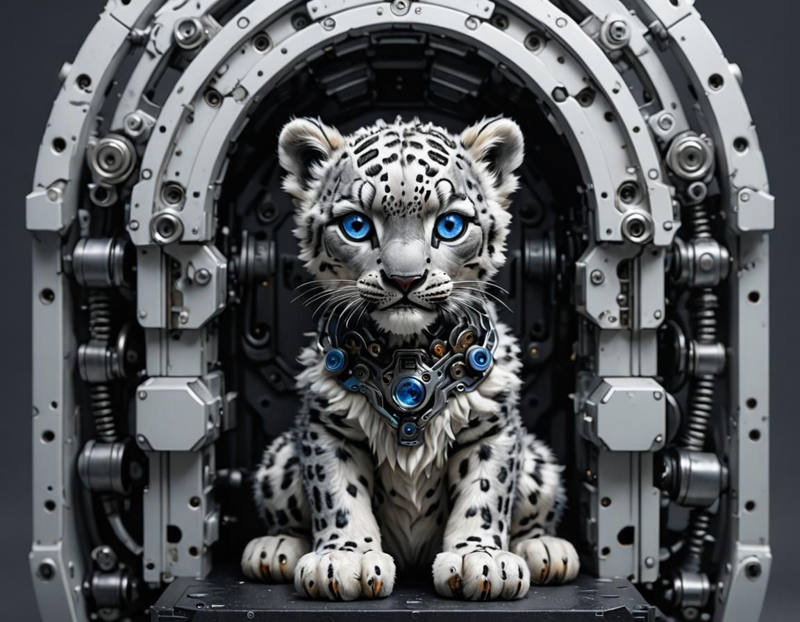 Cyborg Snow Leopard with Robotic Eyes
