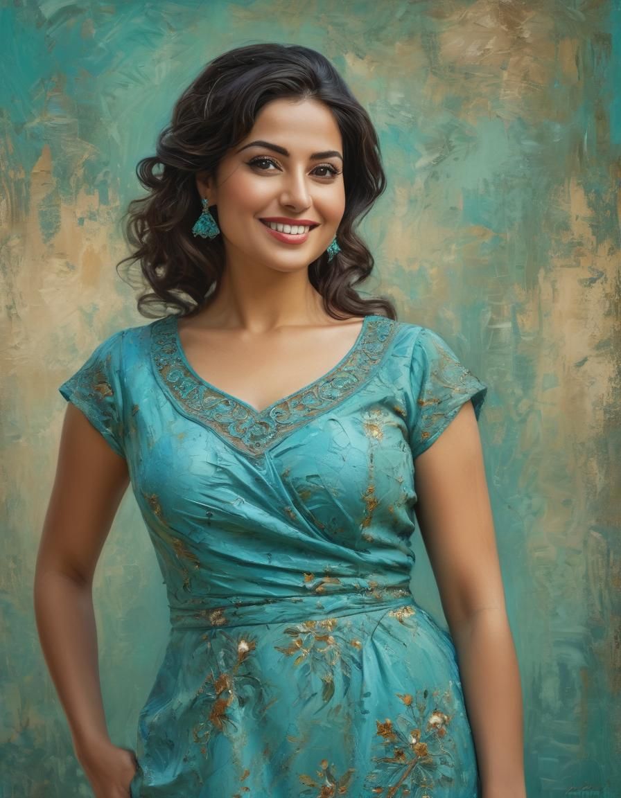 Turquoise Impasto Portrait of Palestinian Woman