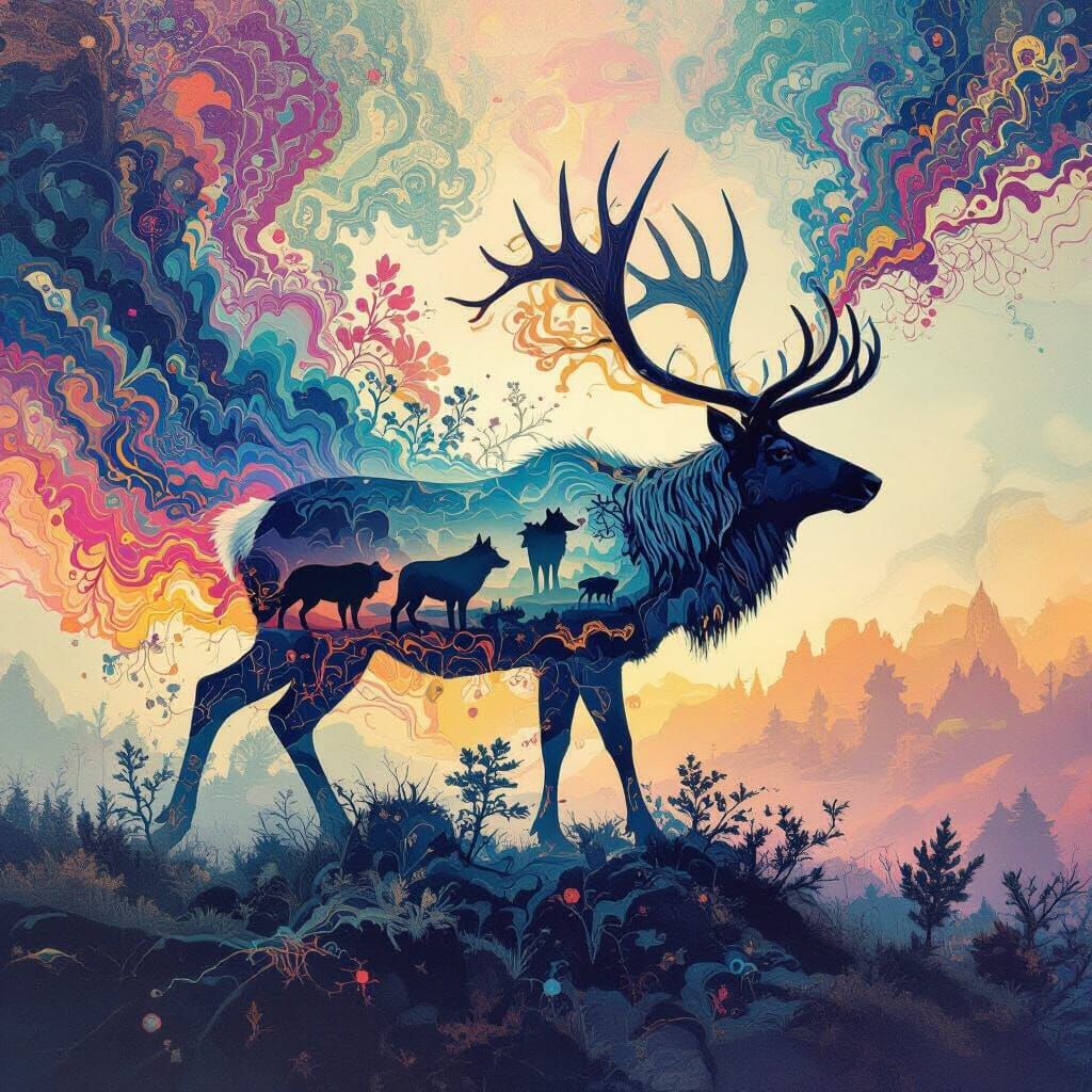 Surreal Caribou & Wolf Double Exposure
