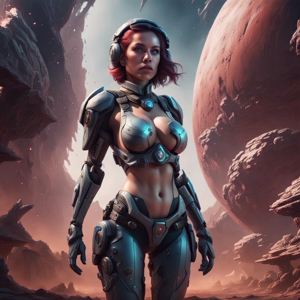 Android Woman in Space Army: Detailed Matte Painting