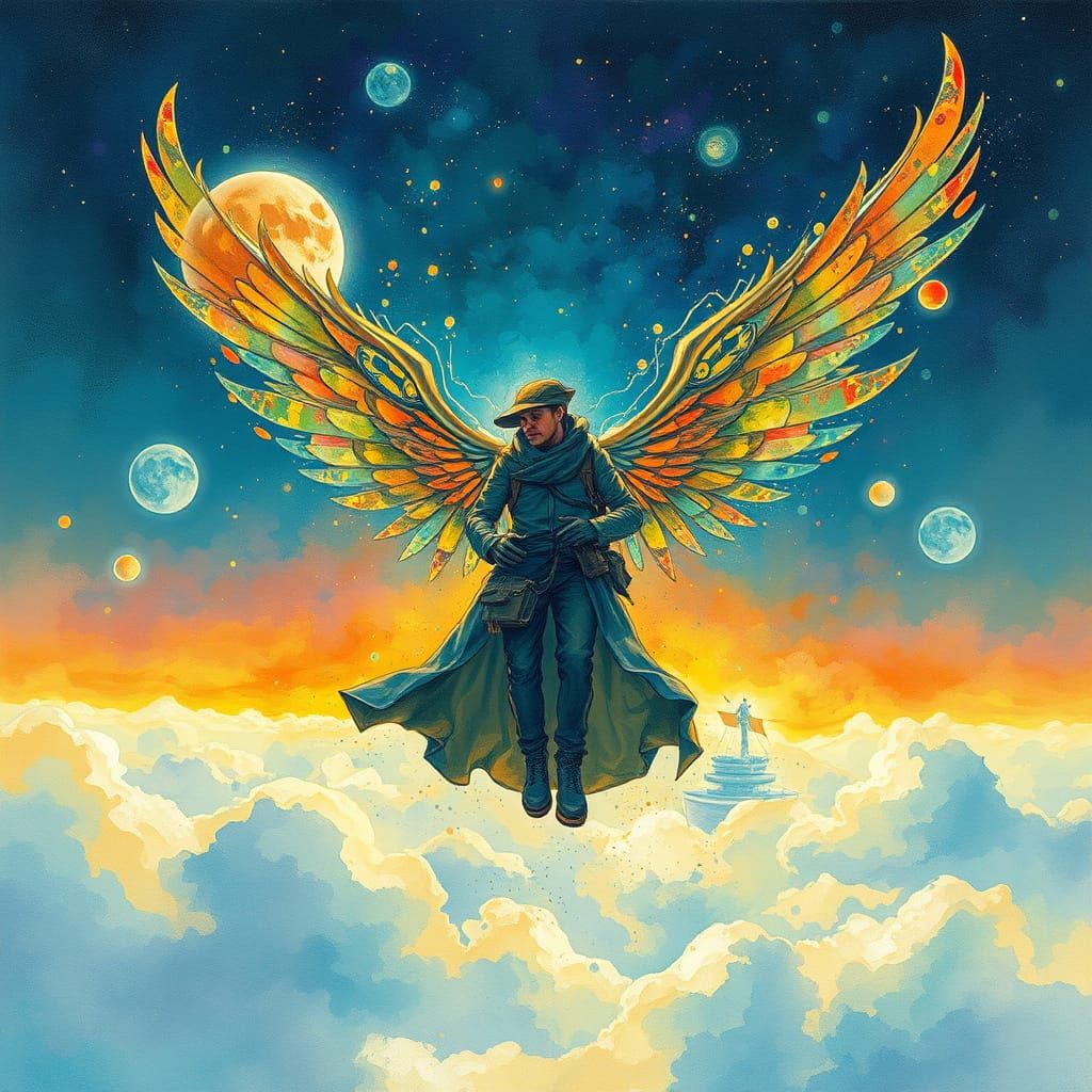 Luminous wandering dreamer man flying to floating observatory, mechanical wings, digital impasto, watercolor splash, Jea...