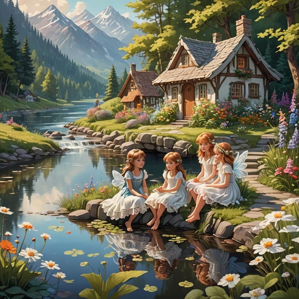 Fairies Chatting in a Nostalgic Lakeside Meadow
