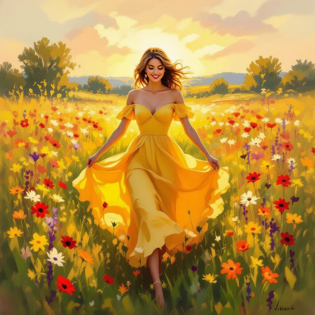 Woman Dancing in Sunshine Dress in Flower Meadow