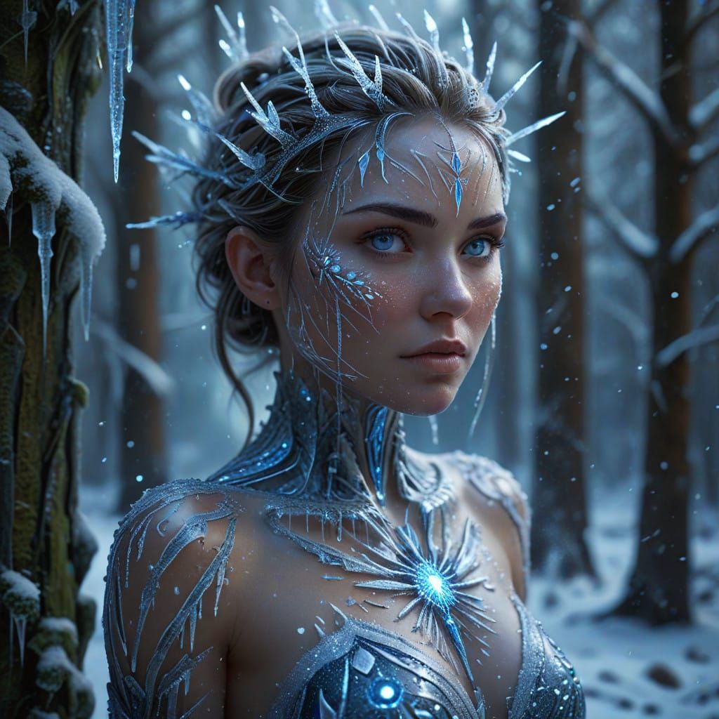 Photorealistic Ice Queen in Frozen Forest
