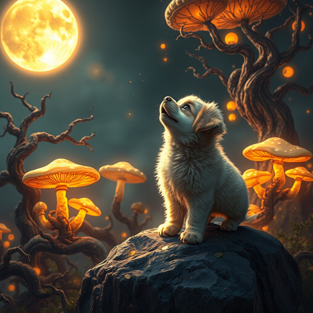 Puppy Howling at Moon in Mystical Landscape