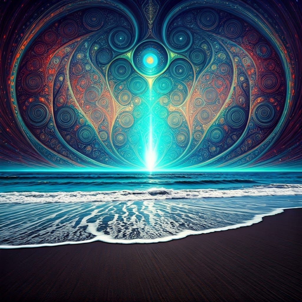 Mystical Black Sand Beachscape in Vibrant Visionary Style