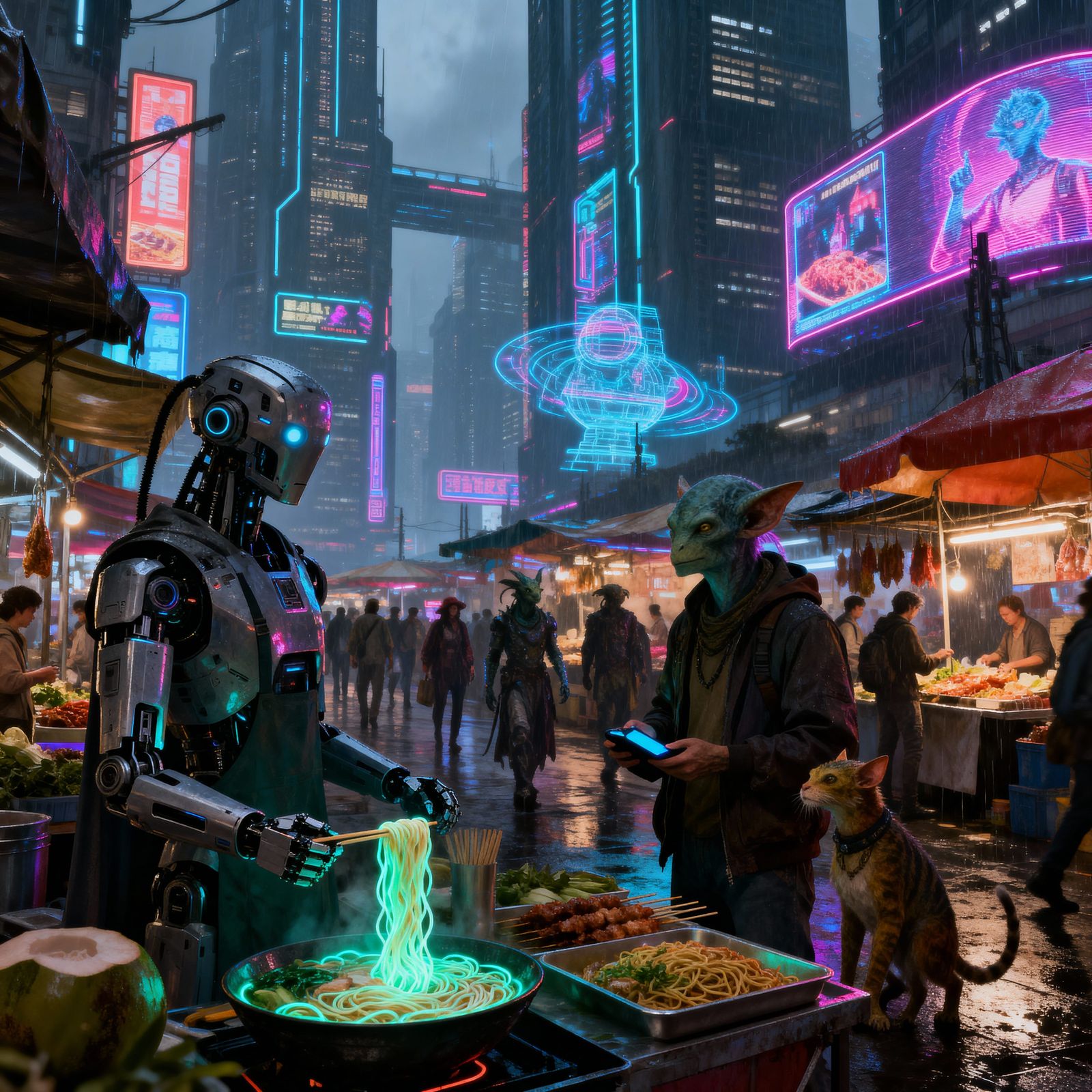 A vibrant marketplace in a bustling futuristic city