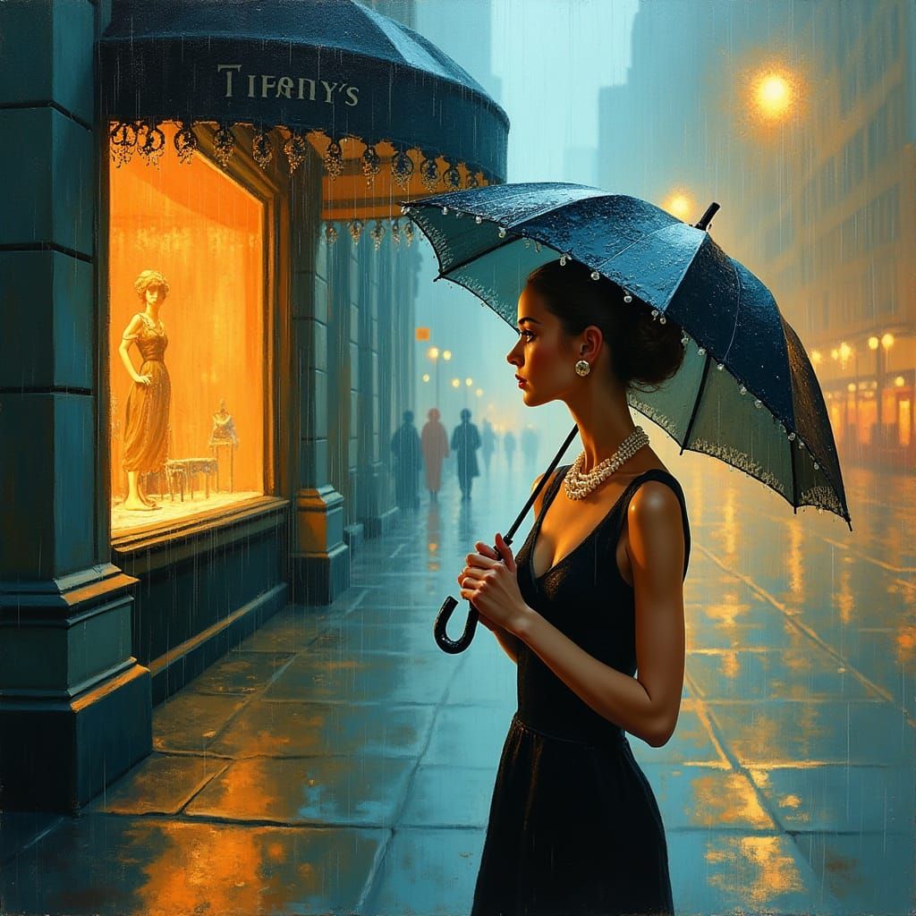 Elegant Audrey Hepburn Contemplates Tiffany's on a Rainy Cit...